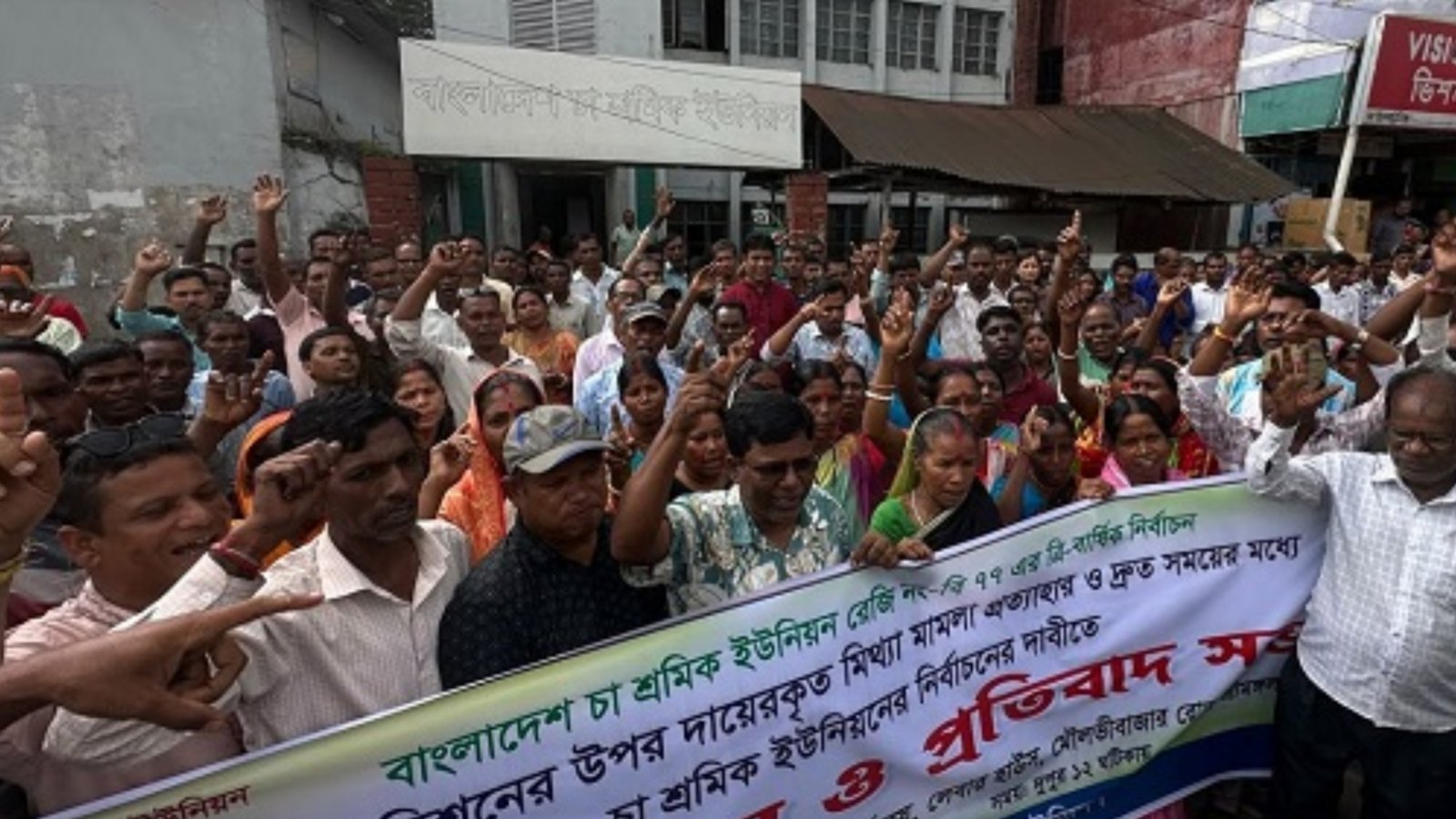 Read more about the article চা শ্রমিক ইউনিয়নের দ্রুত নির্বাচনের দাবিতে শ্রীমঙ্গলে মানববন্ধন